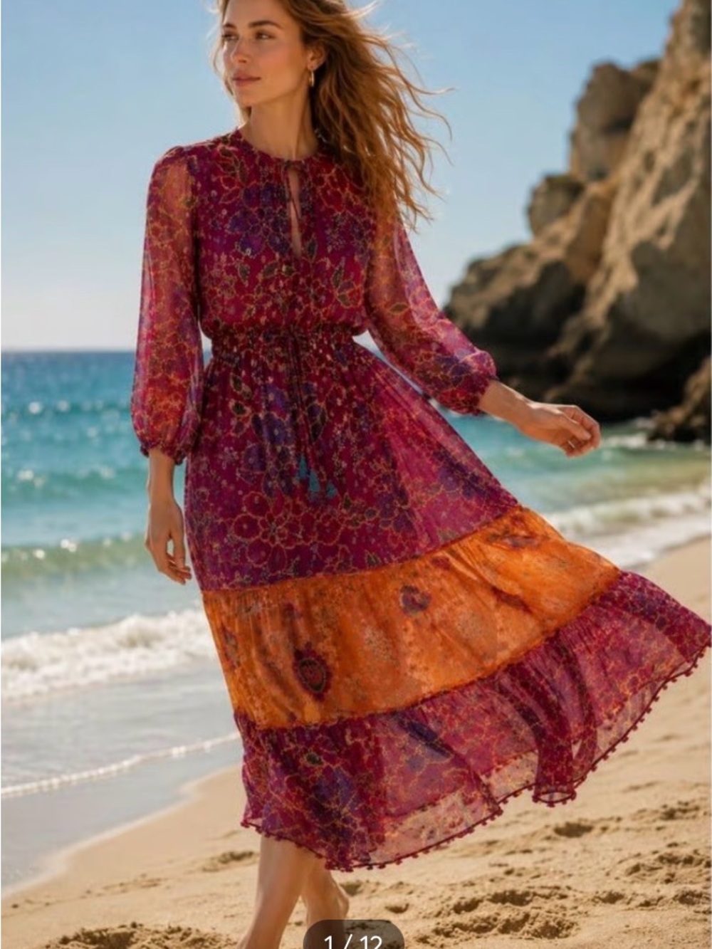 FARM Rio Burgundy and Orange Floral Midi Dress Dual Cold Prints
